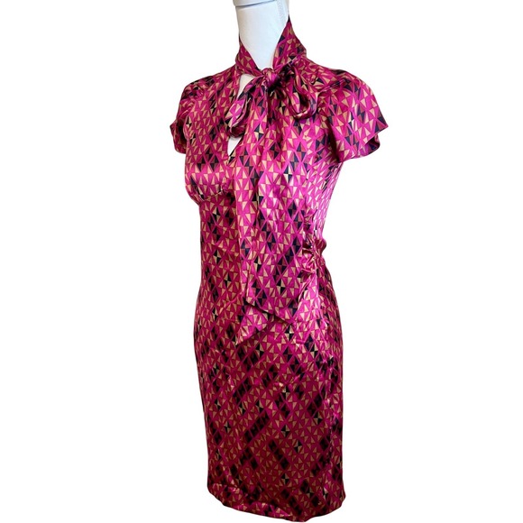 Diane von Furstenberg Pink Laurie Geometric Silk Neck Bow Tie Sheath Dress Sz 2 - Picture 6 of 13